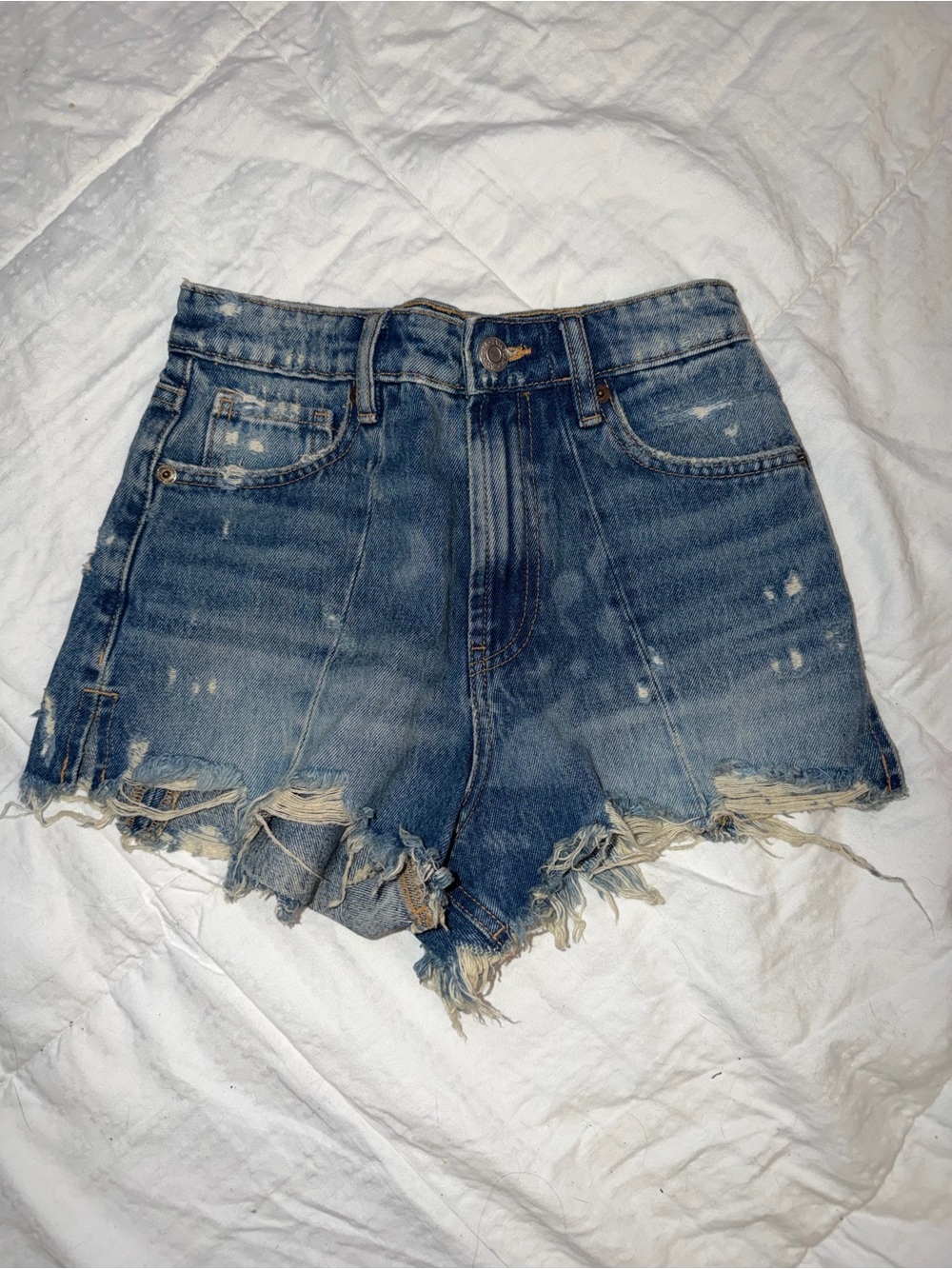 Zara Distressed High-Waist Denim Shorts - Blue